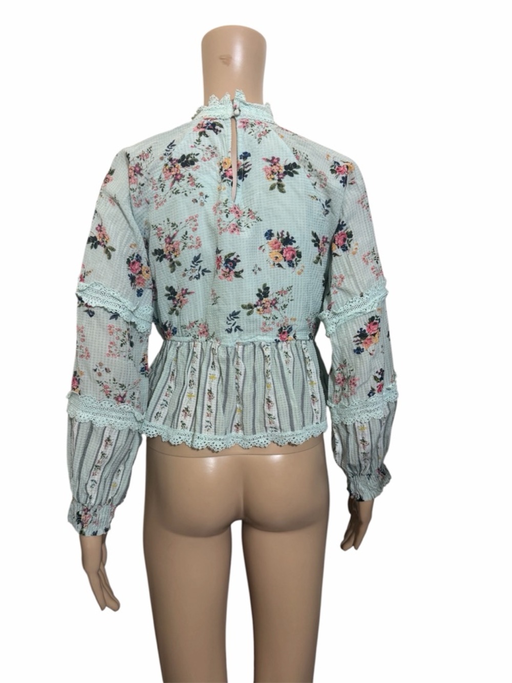 Hemant & Nandita Mint Floral Lace Trim Peplum Blouse Top - Picture 4 of 8